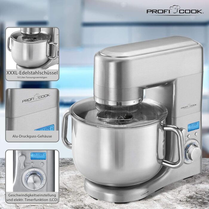 Кухонна машина ProfiCook PC-KM 1096 з чашею з нержавіючої сталі 10 літрів, потужний двигун 1500 Вт, міксер, гак для тіста та вінчик, захист від бризок з отвором для засипання інгредієнтів