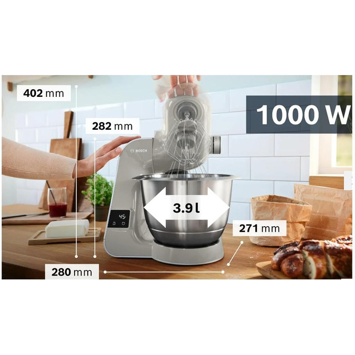 Bosch Kitchen Machine Series 4 MUM5XL72, integrated scale, 2x 3.9L bowls & MUZ5EB2, 550ml, homemade ice cream, sorbet, and frozen yogurt, white, compatible with Kitchen Machine Series 4 Grey / Silver 6 Accessories Bundle with ice cream maker