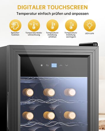 WIE 33L 1-Zone Wine Cooler Fridge - Compact Wine Refrigerator with Glass Door, LED Touch Panel, Anti-UV Protection (18 Bottles)