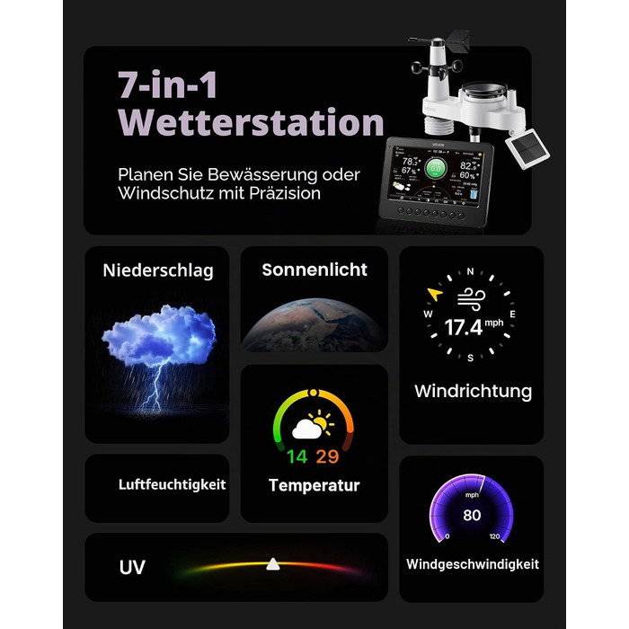 Метеостанція VEVOR Profi 7-в-1 WiFi з сонячною панеллю, 7.5