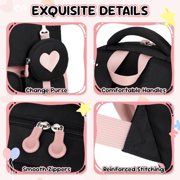 Шкільний рюкзак для дівчинки 1-5 клас, стильний рюкзак у школу та подорожі, з милим гаманцем (чорно-рожевий)