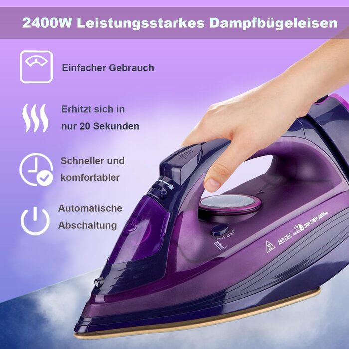 Пароочищувач бездротовий 2400W з керамічною підошвою, функцією вертикального прасування, антикальк, самоочищення та резервуаром для води (фіолетовий)