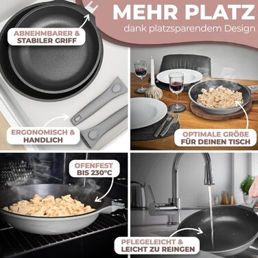 Набір сковорідок TraumLeben Neu 2 шт. 24/28 см з знімними ручками, антипригарне покриття, без PFOA, для індукції, сумісний з духовкою | сковорода, універсальна сковорода (сірий)