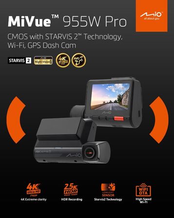 Відеореєстратор Mio MiVue 955W Pro 4K: GPS, Wi-Fi, STARVIS, HDR, Паркувальний режим, 3 роки гарантії