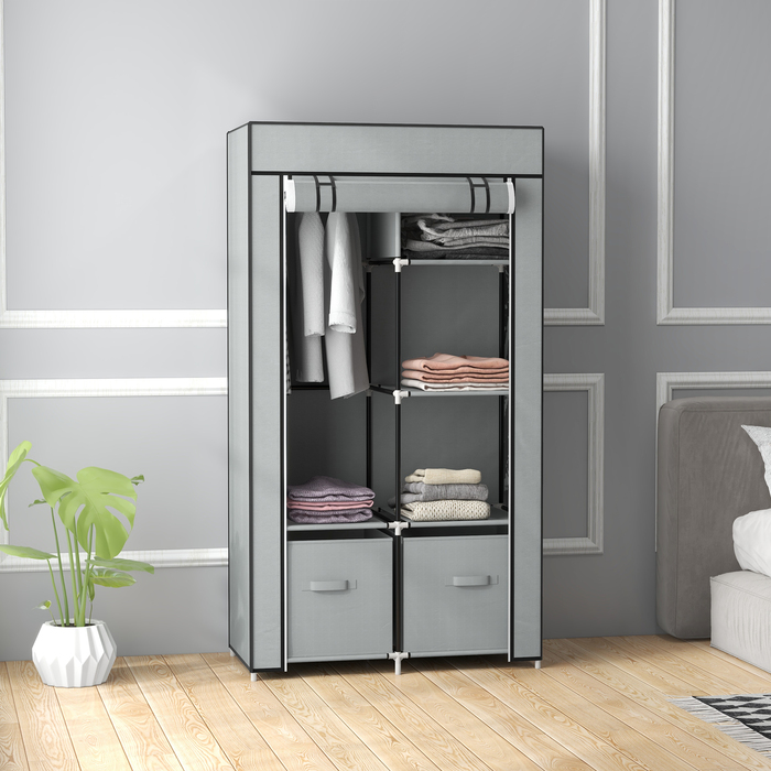 HOMCOM Fabric Closet, Space-Saving Wardrobe with 5 Compartments & Clothes Rail, Zipper, Folding Closet in Light Grey