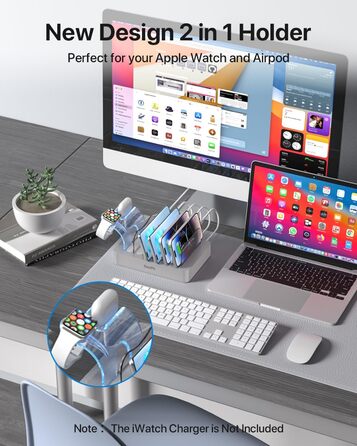 Зарядна станція SooPii USB, 6 портів 50W, з кабелями та тримачем для iWatch, біла (срібло)
