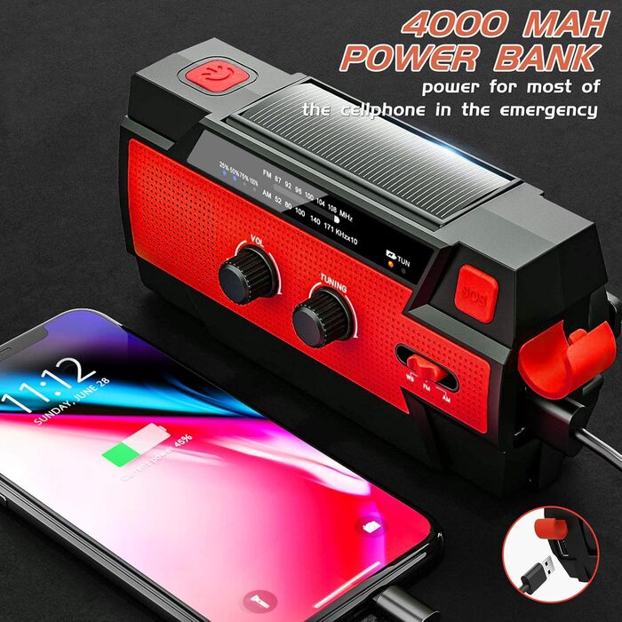 Сонячне радіо YIKANWEN: AM/FM, USB, ручне заряджання, 4000mAh, для кемпінгу та подорожей (червоне)