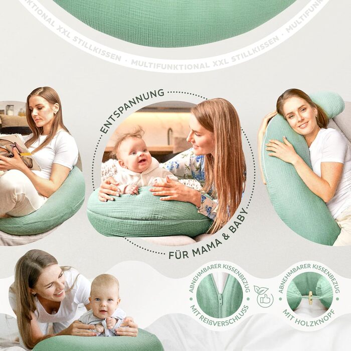 Подушка для годування sei Design XXL 190x30 см з мусліновою наволочкою, ергономічна, для вагітних, для сну на боці, комфортна подушка для дорослих, наволочка з 100% бавовни [органічна бавовна]