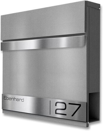 Поштова скринька Metzler Premium з газетницею Anthrazit, персоналізована з табличкою для імені, високоякісна настінна з нержавіючої сталі V2A з порошковим покриттям RAL 7016, модель Stencil (сірий алюміній)