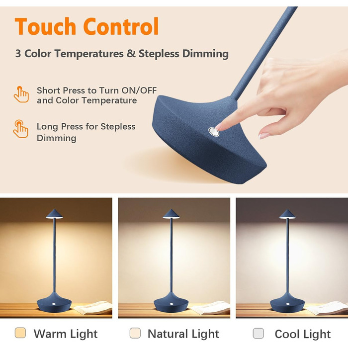 Набір з 2-х світлодіодних акумуляторних настільних ламп Hapfish бездротових, диммуються, алюмінієві, водонепроникні, для дому, тераси, ресторану (Коричневий/Синій)