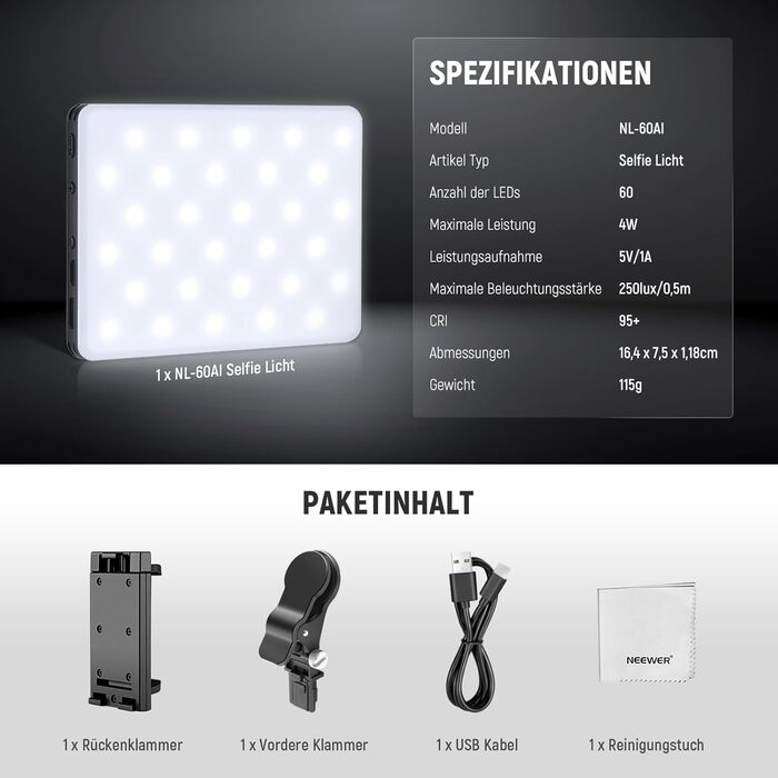 NEEWER BL120B LED світло для селфі та татуювань, сумісне з iPhone, з кліпсою, CPL фільтром, штативом та тримачем для телефону, для фото та відео