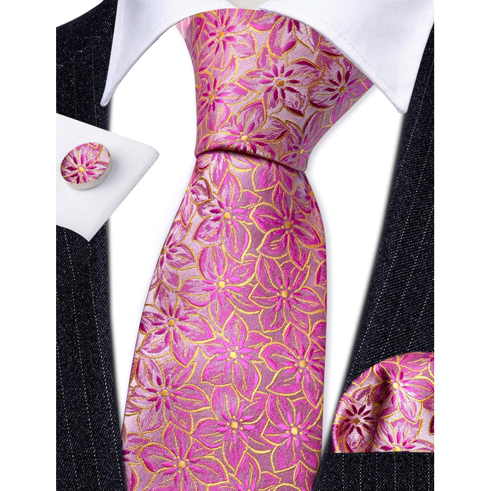 Набір краваток Barry.Wang: краватка, кишеньковий хустинка та запонки. Офісний стиль, рожевий колір з квітковим візерунком для весілля