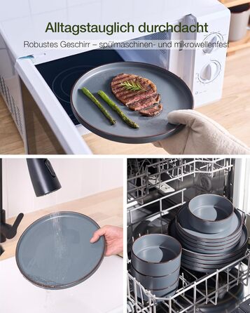 Набір посуду Mercury, 12 предметів: тарілки для 4 осіб (тарілки для їжі, десертні тарілки, миски для каші), з каменю, підходить для мікрохвильової печі та миття в посудомийній машині, колір: вугільно-сірий