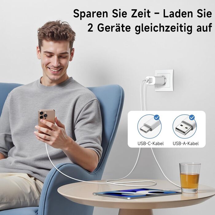 Зарядний пристрій 2 в 1 USB-C 20W, 2 порти (USB-C/USB-A) для iPhone 17 Pro Max/16/15/14/13/12, Galaxy, iPad - кабель Type-C 2м, блакитний (2 шт)