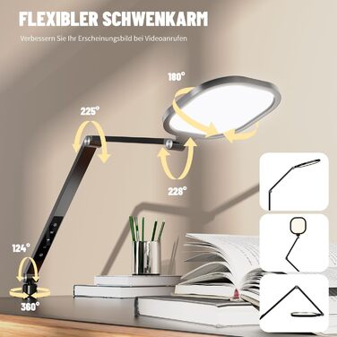 LED лампа настільна з регулюванням яскравості, захистом для очей, 3 режими, сенсорне управління, пам'ять, 15W, чорний (2 шт.)