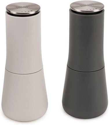 Joseph Joseph Milltop – Leak-Proof Salt and Pepper Grinder Set, Refillable with Ceramic Grinder - White/Gray