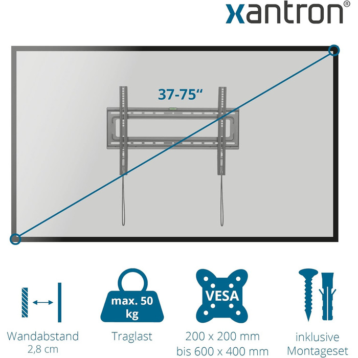 Кронштейн для телевізора Xantron STRONGLINE похилий 37-75 дюймів VESA 100x100 до 600x400, до 75 кг, плоский, з монтажним комплектом