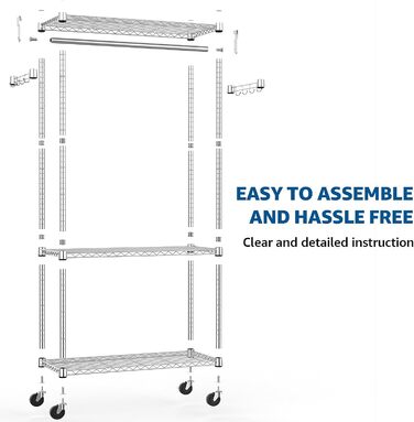 Міцний мобільний вішак для одягу з 3 рівнями, регульовані полиці, 2 штанги та гачки - 40x75x189.3 см (хром)