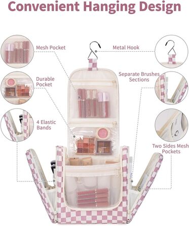 Сумка для косметики жіноча та чоловіча на блискавці, підвісна, водонепроникна (блакитний лист, сітка рожева)