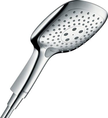 Hansgrohe Raindance Select E Showerhead, Hand Shower with Square Shower Arm (150 x 150 mm), Showerhead with Anti-Limescale Function, 26550000 (3 Spray Patterns with Water-Saving Function, Chrome)