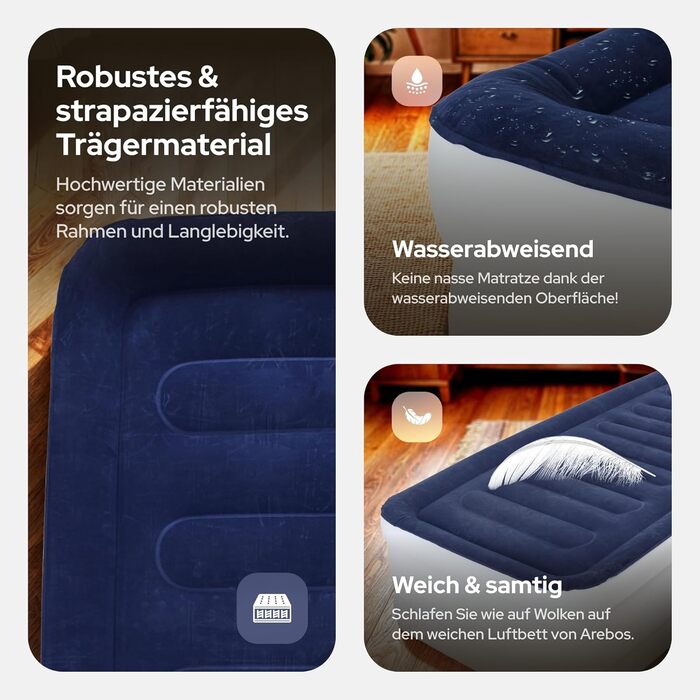 Надувний матрац Arebos | Самостійно надувний матрац 203 × 95 × 51 см, для 1 особи | Гостьовий матрац з електричним насосом | Надувний матрац з сумкою для перенесення, для кемпінгу/дому (Синій/Білий)