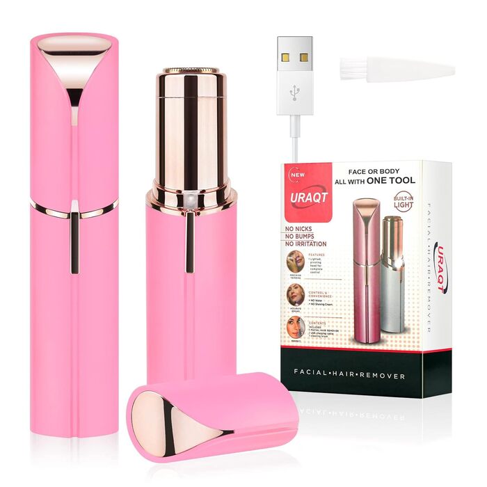 Електричний прилад для видалення волосся з обличчя URAQT для жінок, USB, безболісний тример для обличчя, тіла, губ та підборіддя, з LED-підсвічуванням, рожеве золото