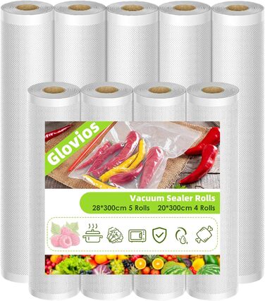Vacuum Bags, Glovios 9 Rolls Vacuum Sealer Bags, 28/20 x 300cm Vacuum Bags for Food, Vacuum Sealer Film Bags, Vacuum Bags for Vacuum Sealer, Foil Sealing Machine, Cookable and Sous Vide