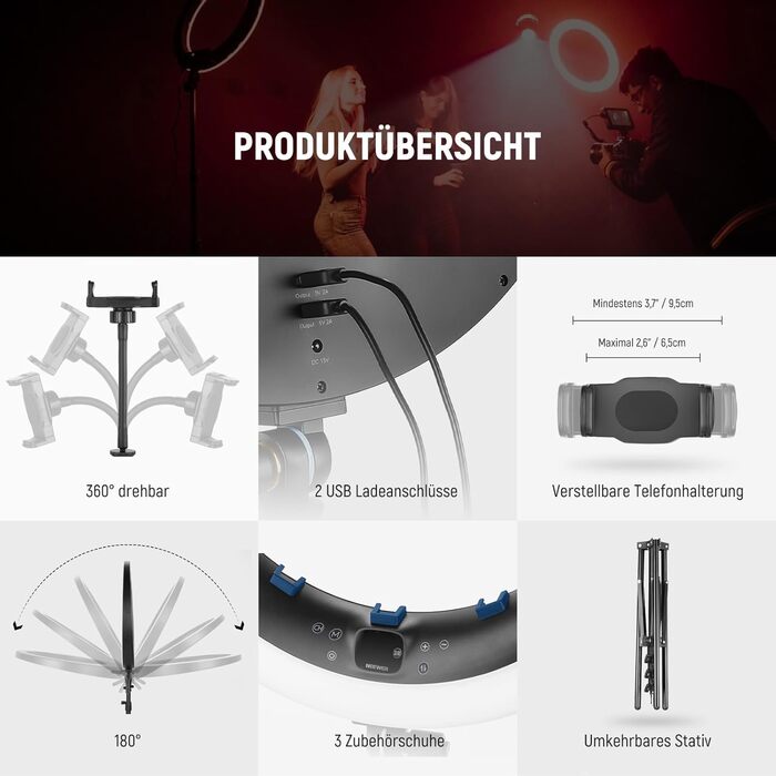 NEEWER Ringlicht RP19H 19 дюймів з триподом та 3 тримачами для телефону, RGB, 42W, CRI 97+, 2540 Lux, для стрімінгу, офісу, Zoom