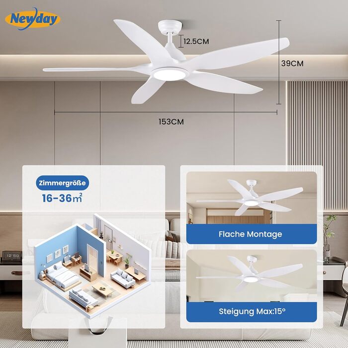 Стеляний вентилятор Newday 153 см, білий з підсвіткою та пультом керування. Безшумний вентилятор-лампа з 5 лопатями, DC мотор, реверсивний, з функцією пам'яті та плавним регулюванням яскравості світла.