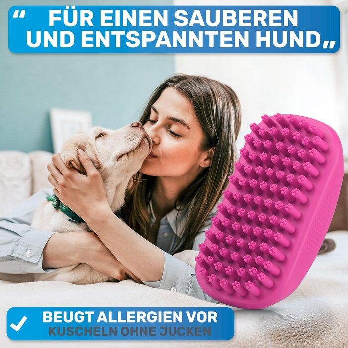 Гумовий щіток для короткошерстих собак та котів BluePet з масажним ефектом | Для видалення відмерлого підшерстка, пилу та бруду | Ідеальний для миття та масажу з шампунем (рожевий)