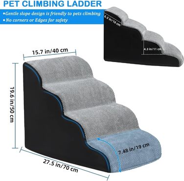 LIANTRAL Dog Stairs, 3 Steps Dog Stairs for Bed and Sofa made of High-Density Sponge, Cat Stairs Dog Ramp with Removable, Washable Cover and Pet Hair Remover Roller, 40 cm High (4 Steps Grey & Black)