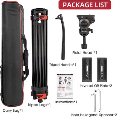 Штатив важкий 183 см, Lusweimi Професійний штатив для відеокамери з алюмінію, 2 швидкісні пластини, 360° Fluid-головка, середній розширювач, Макс. навантаження 7.7 кг