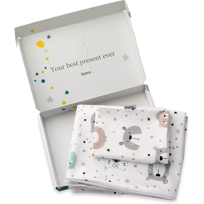 Комплект постільної білизни для немовлят FlyIdeas 100x135 см, 100% бавовна, з ковдрою та наволочкою, для ліжечка, колиски, Made in EU, ведмедики