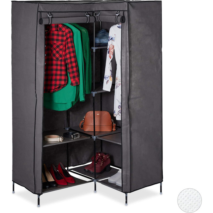 Relaxdays Corner Wardrobe, 3rd Generation, 8 Shelves, 2 Clothes Rails, Plug-in System, 2 Doors, WHD: 169x100x83 cm, white (Anthracite)