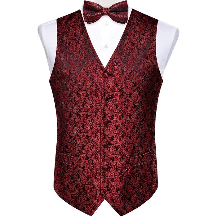 Костюмний жилет чоловічий DiBanGu для весілля з краваткою, нагрудником та запонками. Жилет з паєтковим візерунком у червоно-чорних кольорах, розмір XXL