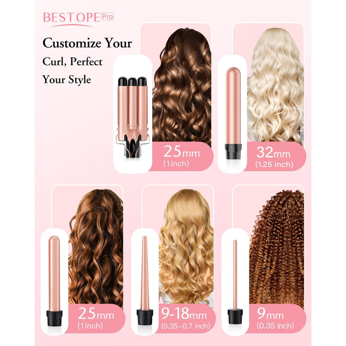BESTOPE PRO Локкенстаб: Набір для завивки волосся 5-в-1 з 3 насадками, регулюванням температури, швидким нагрівом та рукавичкою, рожеве золото