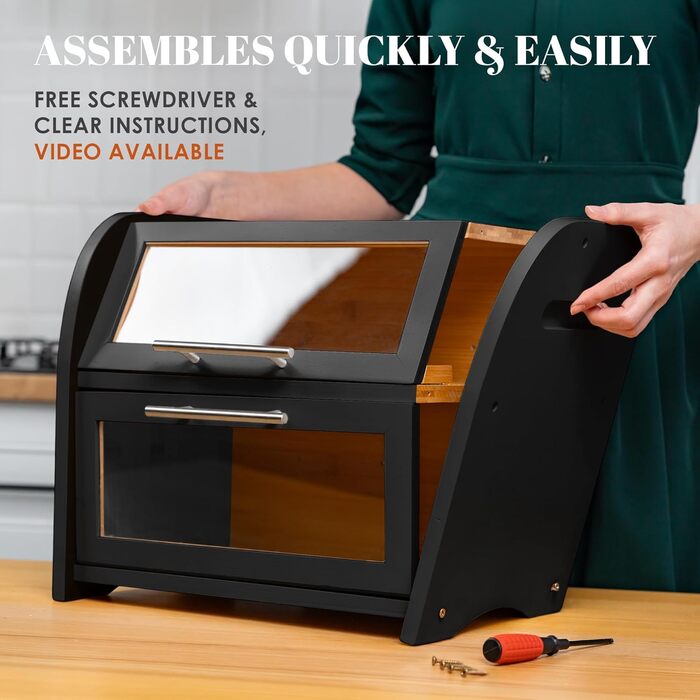 Бак для хліба Arise з вентиляцією, великий контейнер для зберігання хліба, 2 полиці та вікно, дерев'яний контейнер для хліба, булочок, хлібосховище. 40 x 26 x 37, бамбук чорного кольору, самостійна збірка