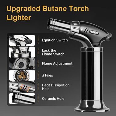 Газовий пальник Aideepen Flambierbrenner з трьома пальцями, регульованою полум'ям для приготування десертів, випічки, кемпінгу та барбекю (бутан не входить у комплект)