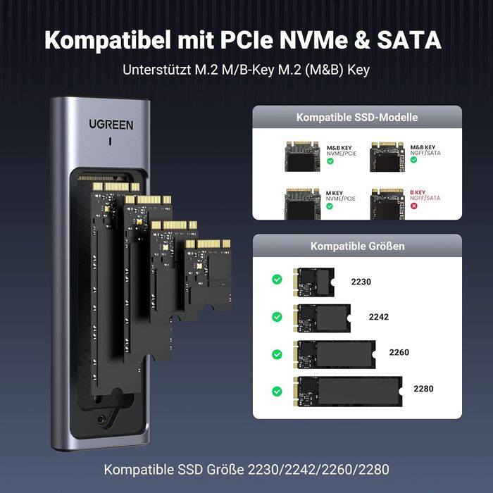 Зовнішній корпус для SSD UGREEN M.2 NVMe/SATA USB 3.2 Gen 2, швидкість 10 Гбіт/с