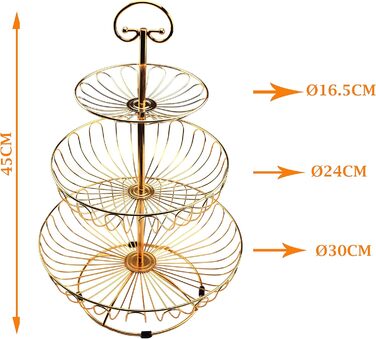 Металевий кошик для фруктів та овочів з ручкою - 3 яруси, великий, з нержавіючої сталі, з циркуляцією повітря (45 см, Ø30-24-16.5 см), золотий