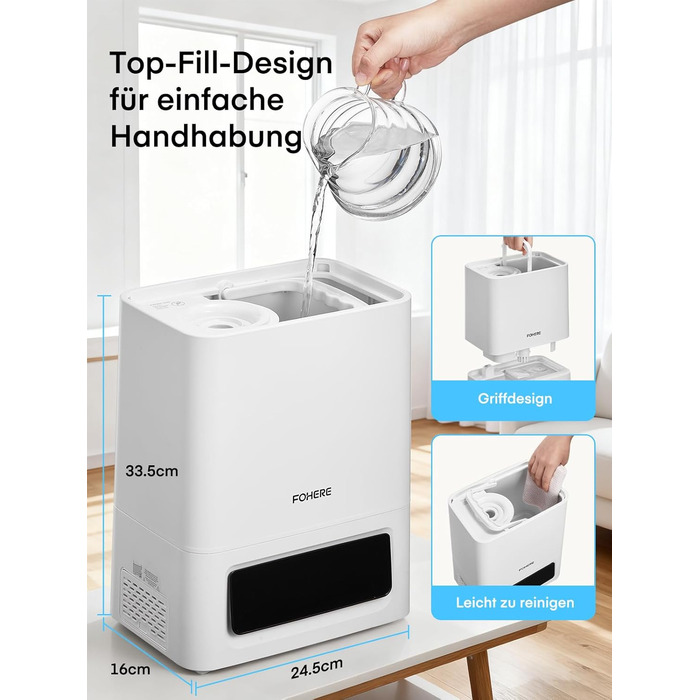 Зволожувач повітря FOHERE 6L для великих приміщень, 60 годин холодного туману, тихий зволожувач для дитячої кімнати, спальні, рослин, 28dB, точний датчик вологості, 16 годин таймер, аромадифузор, білий
