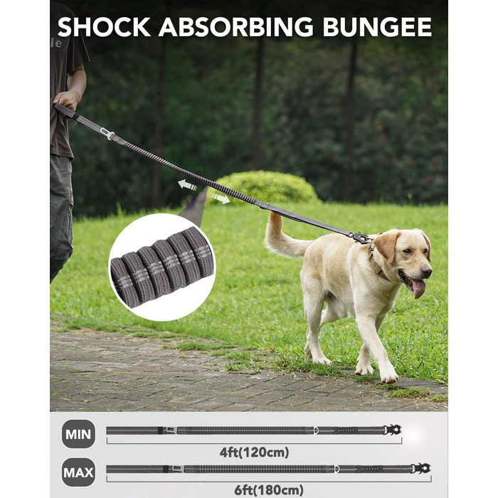 Тактична собача повід Joytale, 1.2м-1.8м, еластична, з двома зручними ручками, автофіксатор, повід без ривка для великих собак, сірий