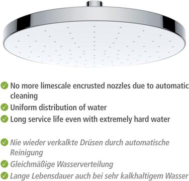 WENKO Showerhead Automatic Cleaning - Anti-Limescale Universal Showerhead with Automatic Cleaning System, Plastic (ABS), 22.5 x 22.5 cm, Silver Glossy, Chrome, 24000100