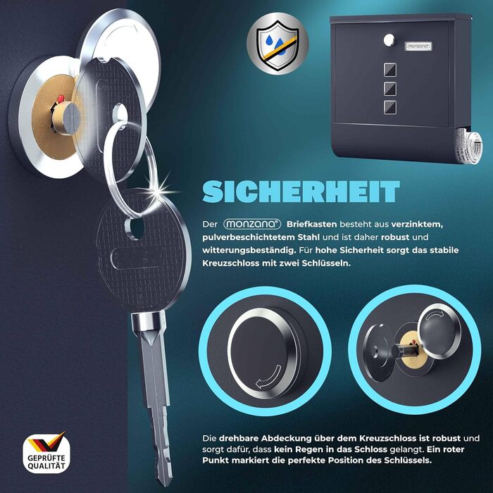 Поштовий ящик Monzana Kreuzschloss з мідним циліндром, сталевий, чорно-срібний (антрацит) 31x10x34 см, з вікном для газет та іменним шильдиком, 2 ключі