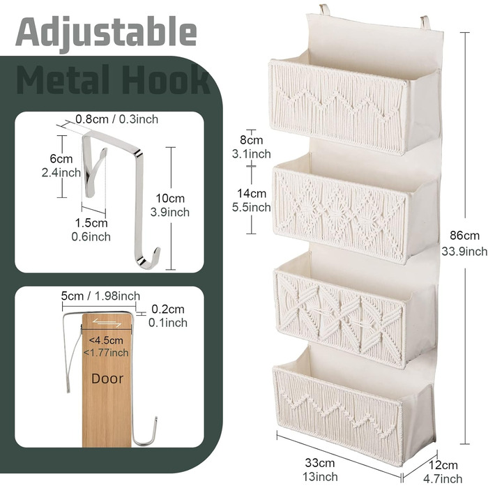 Органайзер для дверей з 4 кишенями, Бохо декор, настінне кріплення, для спальні, дитячої кімнати, ванної кімнати, слонова кістка