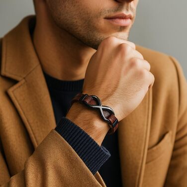 Браслет шкіряний чоловічий UNIQAL 'INFINITY' з нержавіючої сталі та натуральної шкіри чорно-коричневий, 21 см + подарункова коробка