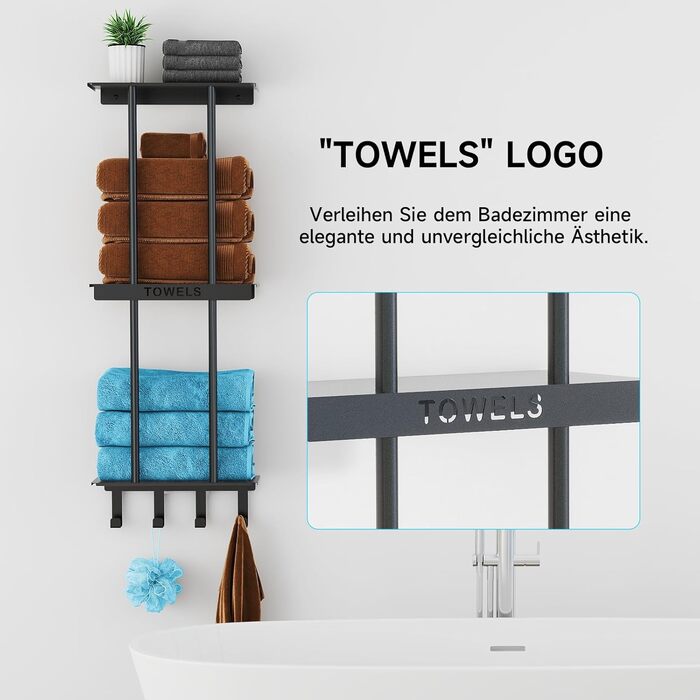Чорний триярусний тримач для рушників з металевою полицею та 4 гачками, 86 см