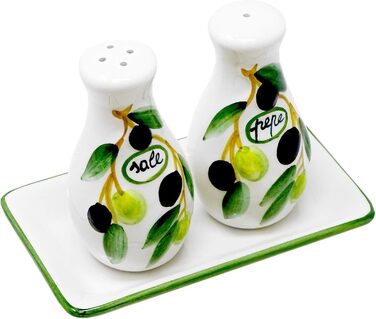 Handmade salt and pepper shaker set from Italian ceramic, 3-piece in olive green design with tray, size 14x8 cm
