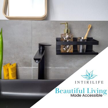 Чорна самоклеюча полиця для душу INTIRILIFE, 23x10,5x8 см, нержавіюча сталь, без свердління, настінна, органайзер для ванної та кухні