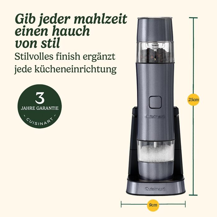 Електричний набір для солі та перцю Cuisinart | Перезаряджувана подрібнювач спецій | Без батарейок, 20 хв зарядки | З мірною кришкою, регулювання помелу | Синій